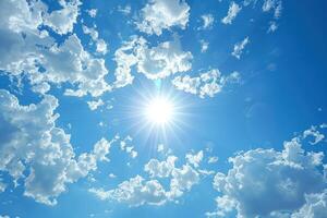 sun shines through the clouds on blue sky, photo