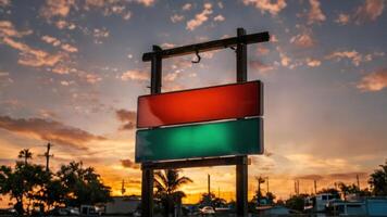 an intersection with red, green and white street signs, photo