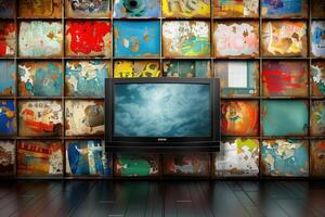 the entertainment center is full of colorful televisions, photo
