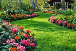beautiful park with many flowers on both sides, photo