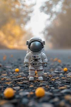 the astronaut is standing near many oranges, photo