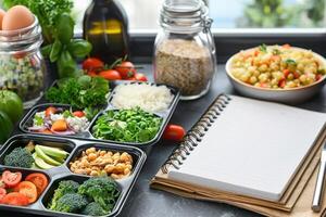 a tray filled with vegetables and herbs next to an open notebook, photo