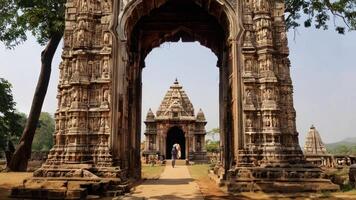 a large archway with an elaborate structure in it and people standing on the other side of it, photo