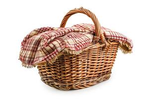a wicker basket with plaid cloth inside, photo