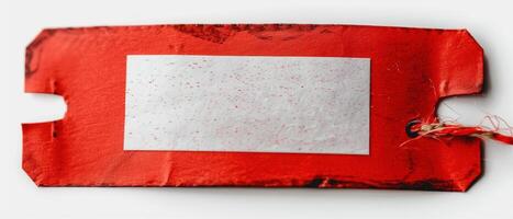 a piece of red material with red thread around and white square paper, photo