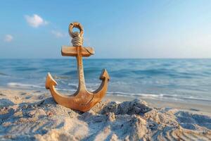 an anchor with rope at the beach, against a backdrop of the ocean, photo