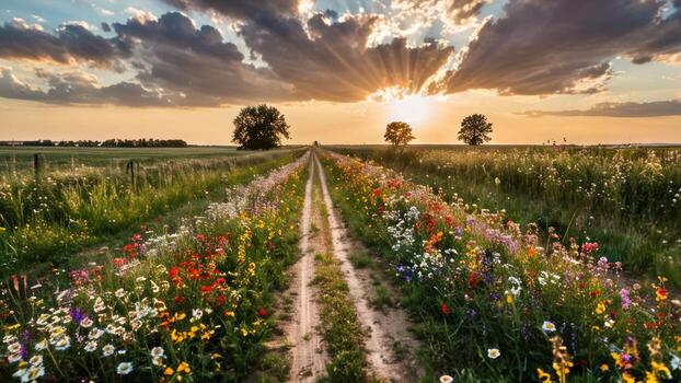 the sun sets in above a grassy field, photo
