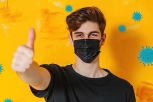 a man wearing a black mask and pointing, photo