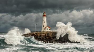 the ocean and wave crash from behind the lighthouse, photo