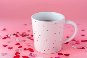 a white coffee cup with pink hearts scattered on it, photo