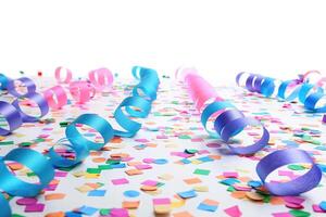 colorful confetti, streamers and ribbons are on the floor, photo