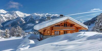 a snow covered log cabin that is standing in the snow, photo