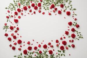 a circle pattern of red roses scattered together and the frame is made from green leafy vines, photo