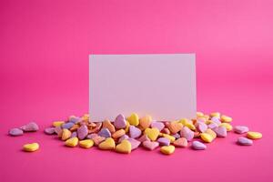 an object with candy hearts on a bright pink background, photo