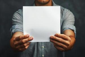 a man showing off an empty paper sheet, photo