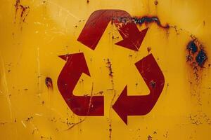 rusty, cracked metal with a red recycling symbol, photo