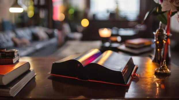 many books on a desk with candle and rose arrangement in the background, photo