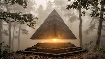 a pyramid near a tree and some stairs, photo