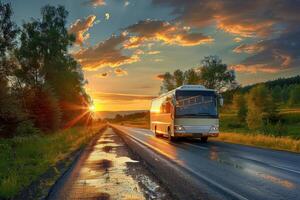 large bus traveling on roadway in rural area, photo