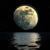 full moon reflected on ocean waters surface and space, photo