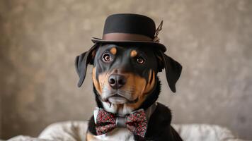 a dog dressed in top hat, bow tie and bowtie, photo