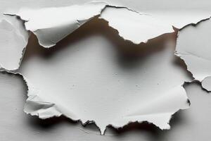 torn pieces of peeling white paper sitting on top of a wall, photo