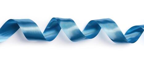 the bottom of a blue ribbon on white surface, photo