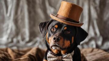 there is nobody in the photo but this dog wears an odd hat,