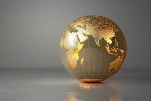 the golden ball is next to the grey background, photo