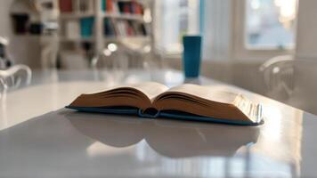 an book laying open on top of a table in front of some glasses, photo