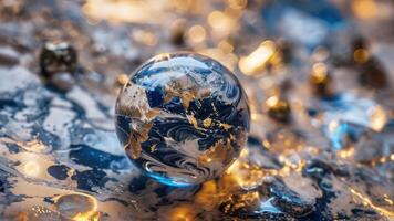 an illuminated mirror ball sits among christmas balls, photo