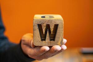 someone is holding a wooden block that says word with wood, photo