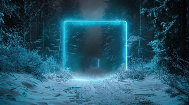 the door is illuminated in a blue rectangle, photo