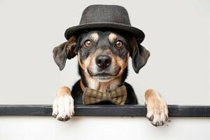 a dog wearing a hat and bow tie in front of a blank board, photo
