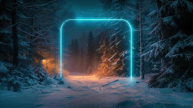 a snowy forest filled with lots of trees and a glowing archway, photo