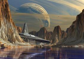 an sci - fiction landscape of the sun setting and rock cliffs, photo