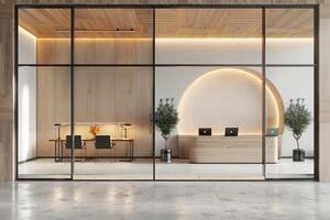 a contemporary looking office space with wooden accented walls, photo