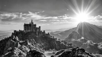 the sun shines over a large castle and mountain, photo