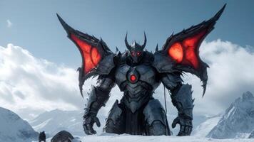 a giant demonic looking creature stands in the snow, photo