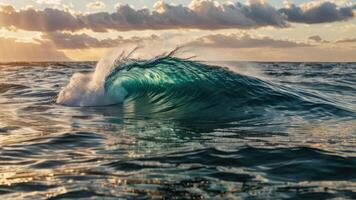a very big green crashing wave in the ocean, photo