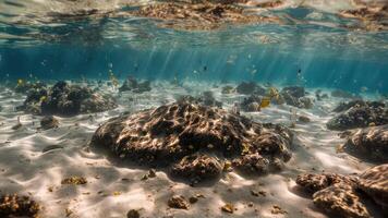 reefs, water, and stones on the bottom of a deep ocean, photo