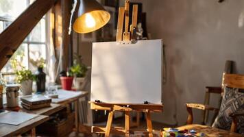 a easel with paint next to paintings on it in front of a table, photo