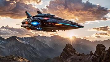 a large airplane flying in a mountain range, photo