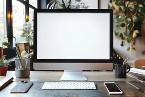 an open computer with a display, mouse and tablet, photo