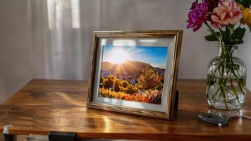 flowers in vase next to landscape on table, photo