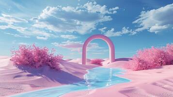 a beautiful surreal landscape with pink trees and water, photo