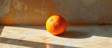 an orange on the ground in front of a wall, photo