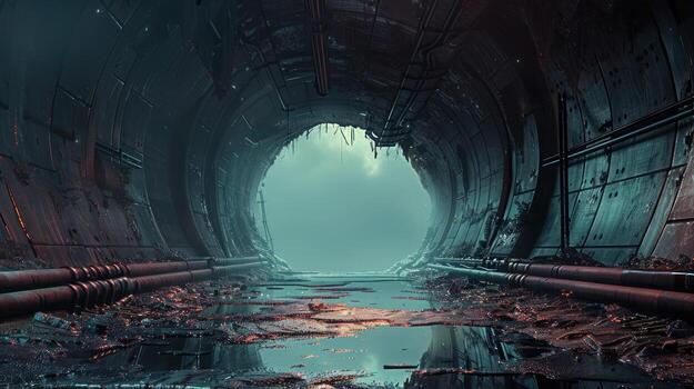 a large water pipe in a tunnel that is surrounded by leaves, photo