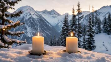 two candles on top of a snowy hill, photo