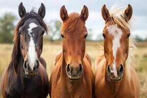 three horses standing close together in a grassy field, photo